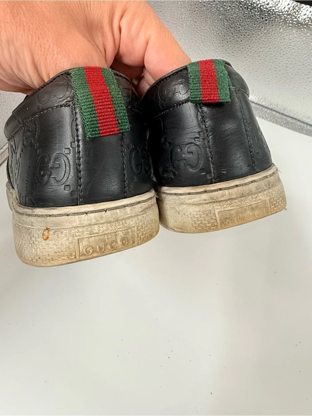 Gucci Men's GG Embossed black Leather Slip-On Sneakers loafers size 5